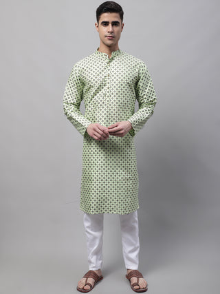 Men's Pista Green Printed Silk Blend Kurta Payjama