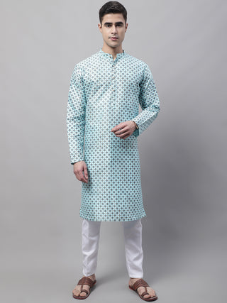 Men's Sky Blue Printed Silk Blend Kurta Payjama