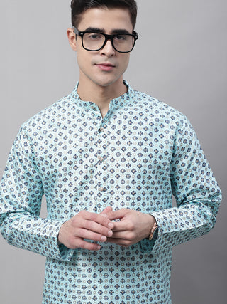 Men's Sky Blue Printed Silk Blend Kurta Payjama