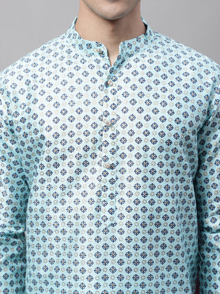 Men's Sky Blue Printed Silk Blend Kurta Payjama