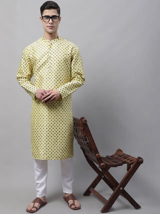 Men's Yellow Printed Silk Blend Kurta Payjama