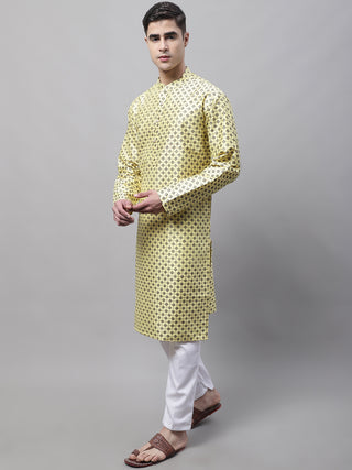 Men's Yellow Printed Silk Blend Kurta Payjama