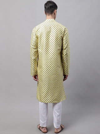 Men's Yellow Printed Silk Blend Kurta Payjama