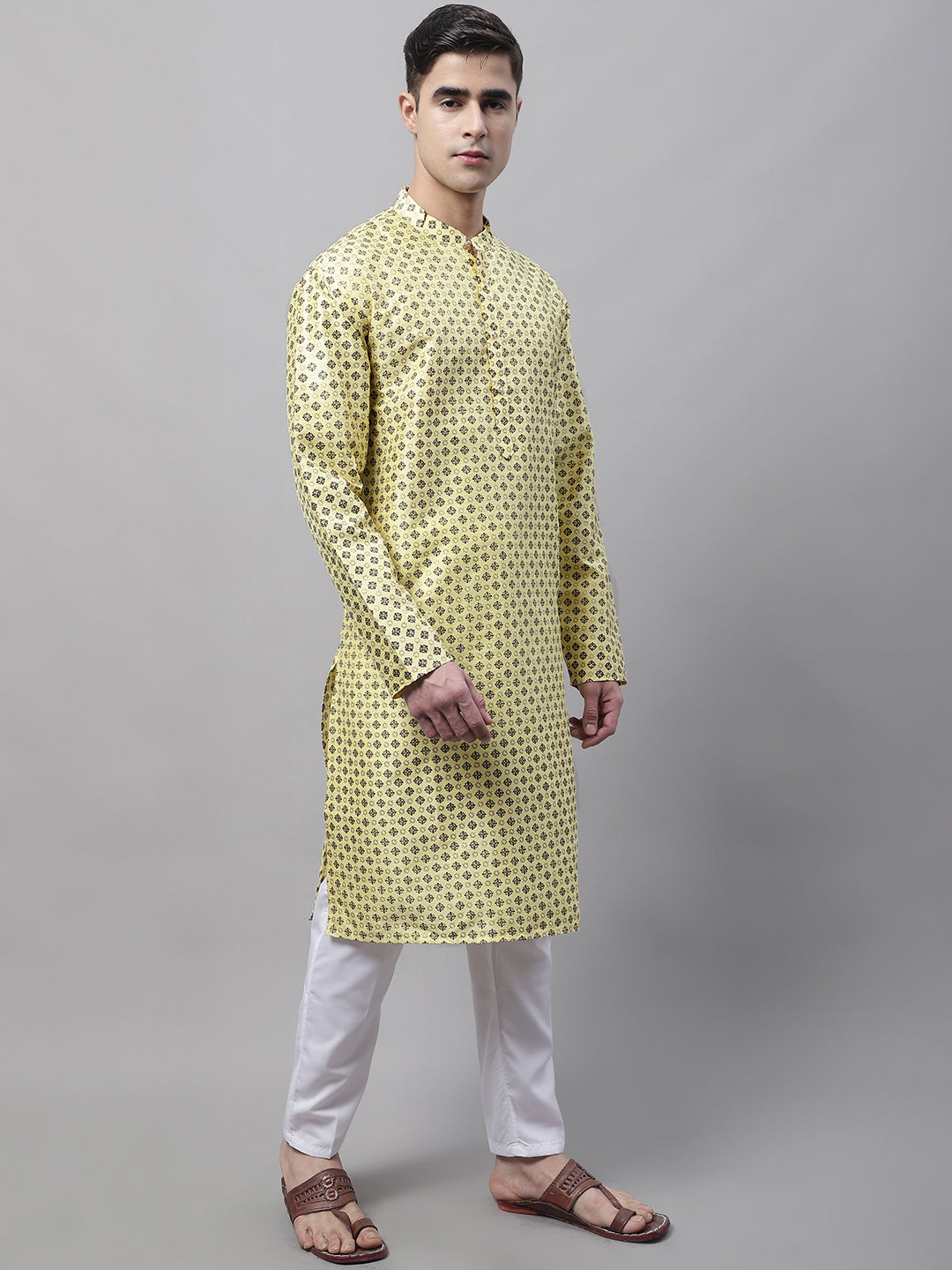 Men's Yellow Printed Silk Blend Kurta Payjama
