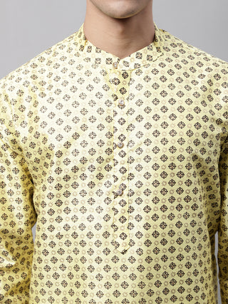 Men's Yellow Printed Silk Blend Kurta Payjama