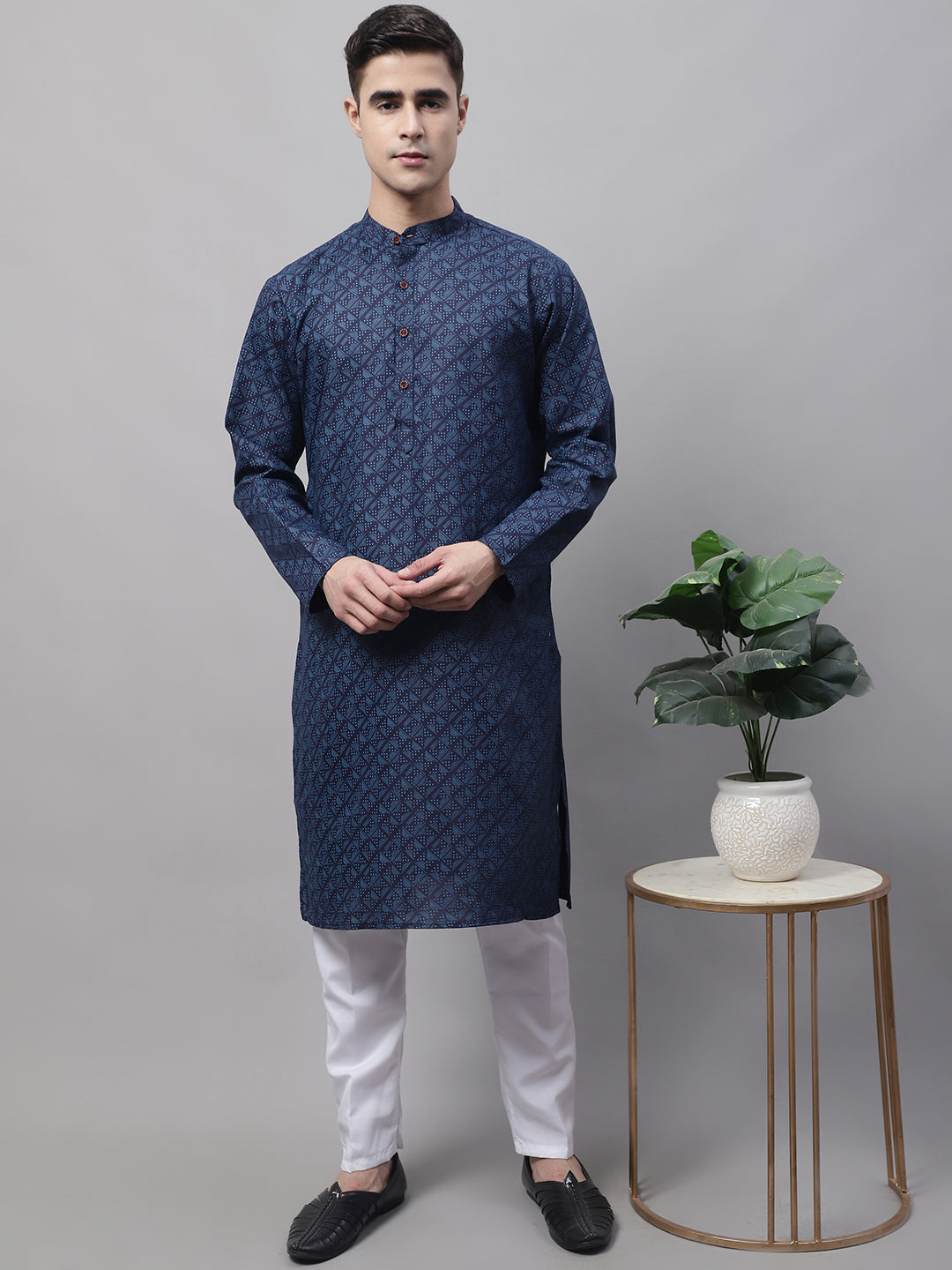 Men's Navy Blue Printed Pure Cotton Kurta Payjama Set