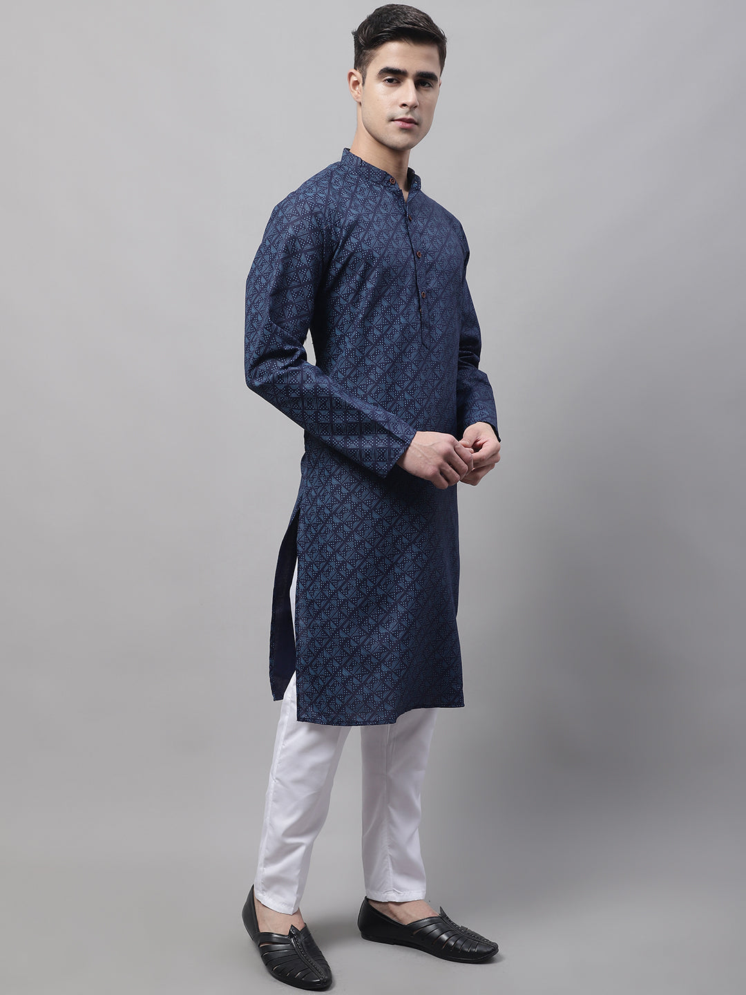 Men's Navy Blue Printed Pure Cotton Kurta Payjama Set