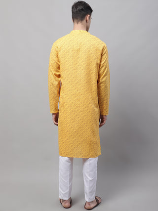 Men's Yellow Printed Pure Cotton Kurta Payjama Set