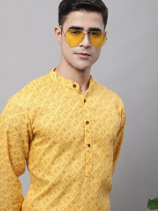 Men's Yellow Printed Pure Cotton Kurta Payjama Set