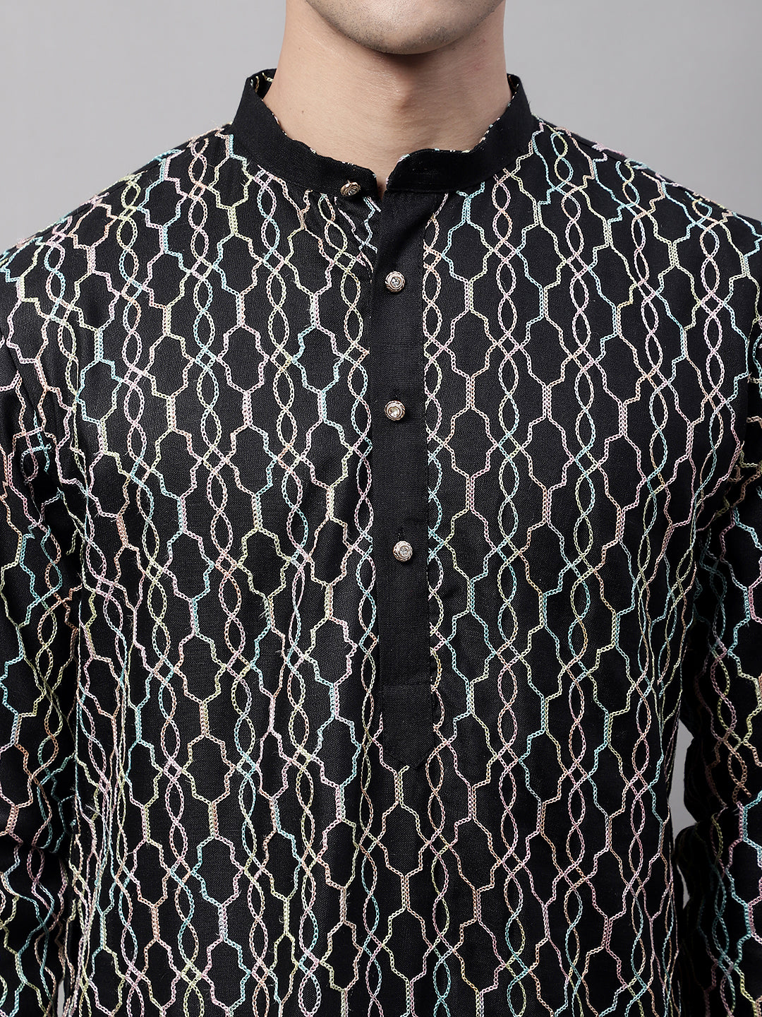 Men's Black and Multi Coloured Embroidered Straight Kurta Pyjama Set
