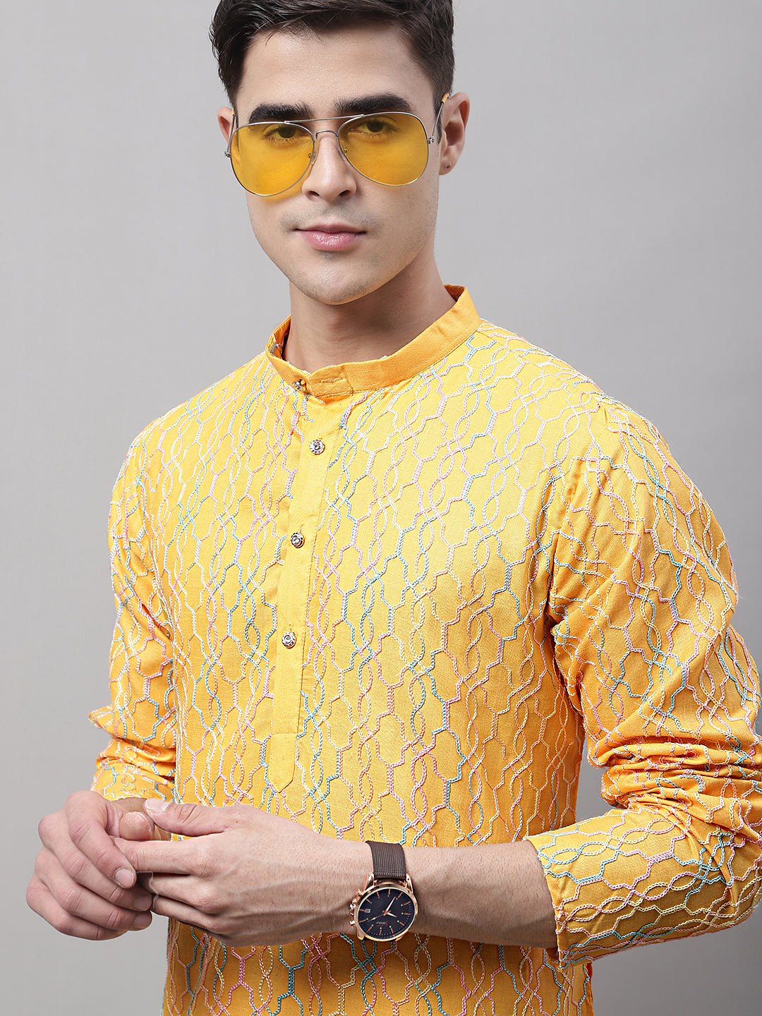 Men's Mustard and Multi Coloured Embroidered Straight Kurta Pyjama Set