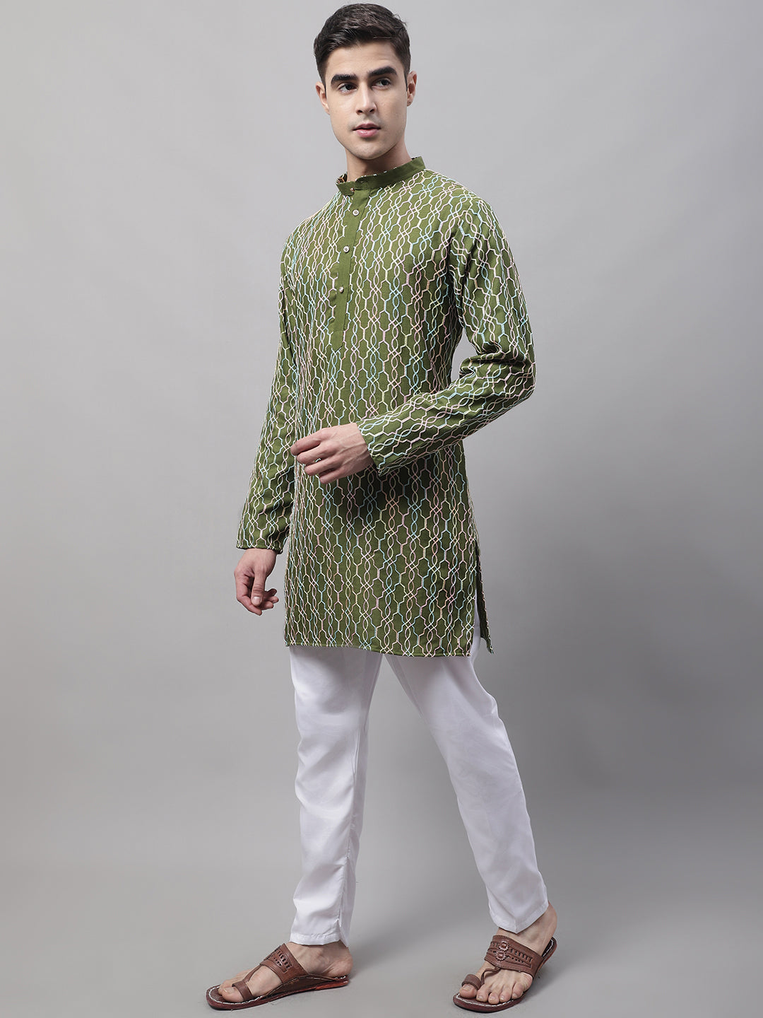 Men's Olive Green and Multi Coloured Embroidered Straight Kurta Pyjama Set