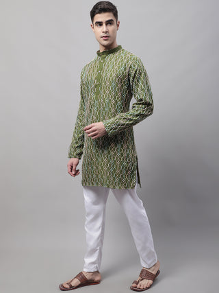 Men's Olive Green and Multi Coloured Embroidered Straight Kurta Pyjama Set