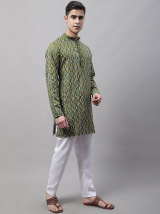 Men's Olive Green and Multi Coloured Embroidered Straight Kurta Pyjama Set