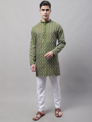 Men's Olive Green and Multi Coloured Embroidered Straight Kurta Pyjama Set