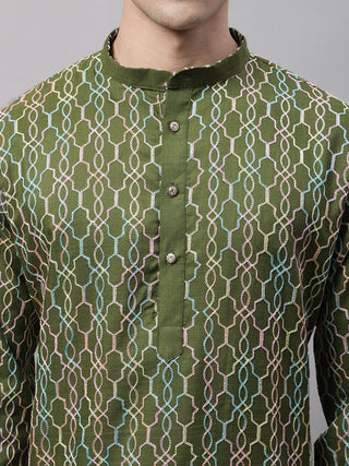 Men's Olive Green and Multi Coloured Embroidered Straight Kurta Pyjama Set