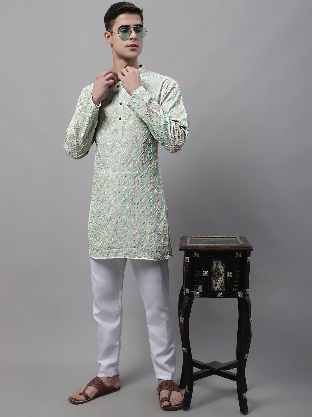 Men's Pista  Green and Multi Coloured Embroidered Straight Kurta Pyjama Set