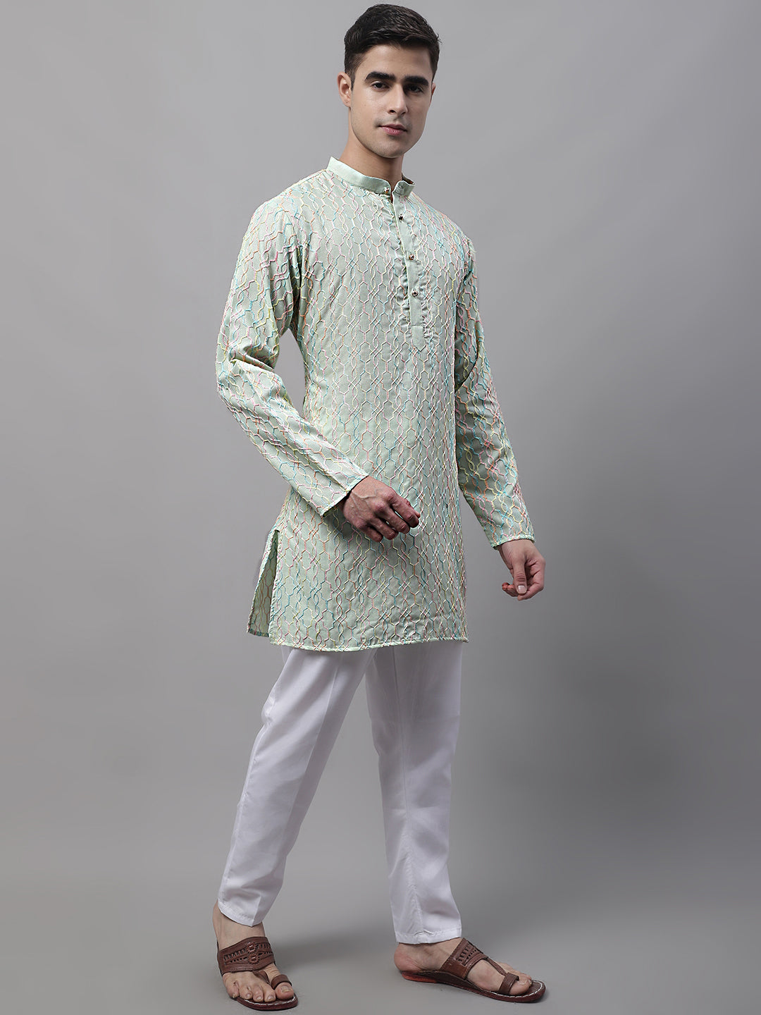 Men's Pista  Green and Multi Coloured Embroidered Straight Kurta Pyjama Set