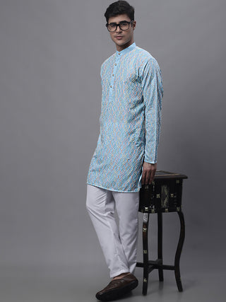 Men's Sky Blue and Multi Coloured Embroidered Straight Kurta Pyjama Set