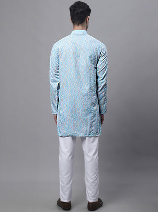 Men's Sky Blue and Multi Coloured Embroidered Straight Kurta Pyjama Set