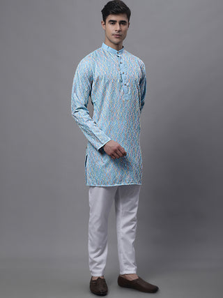 Men's Sky Blue and Multi Coloured Embroidered Straight Kurta Pyjama Set