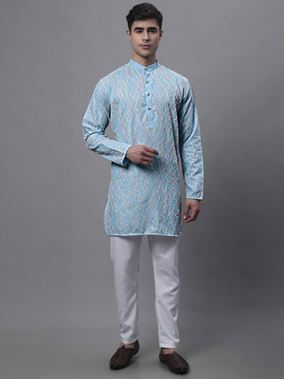 Men's Sky Blue and Multi Coloured Embroidered Straight Kurta Pyjama Set