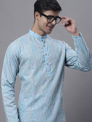 Men's Sky Blue and Multi Coloured Embroidered Straight Kurta Pyjama Set