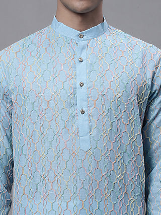 Men's Sky Blue and Multi Coloured Embroidered Straight Kurta Pyjama Set