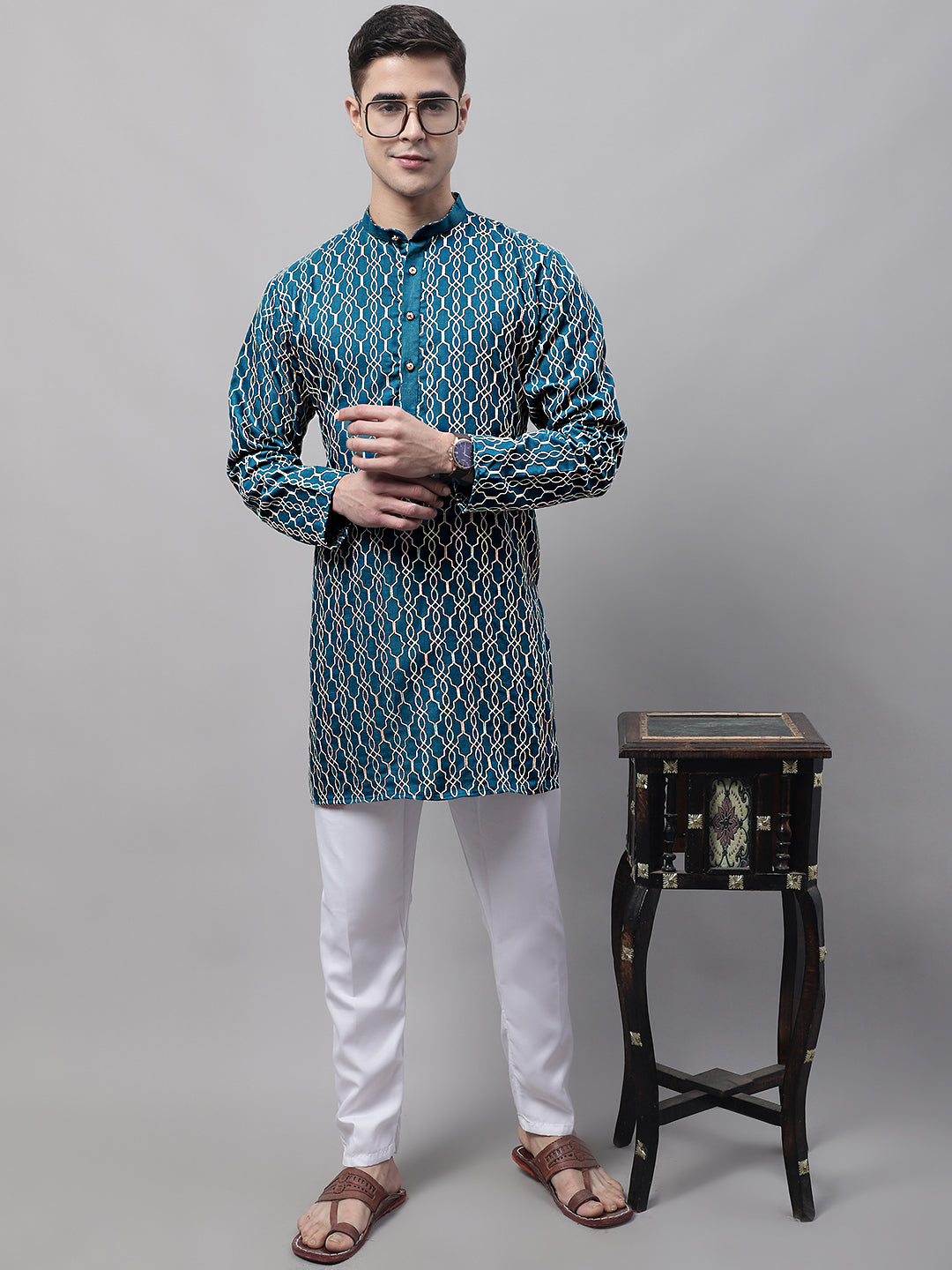 Men's Teal Blue and Multi Coloured Embroidered Straight Kurta Pyjama Set