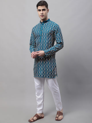 Men's Teal Blue and Multi Coloured Embroidered Straight Kurta Pyjama Set