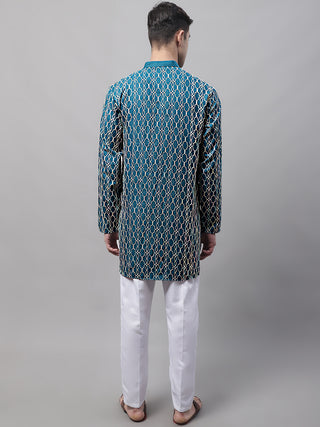 Men's Teal Blue and Multi Coloured Embroidered Straight Kurta Pyjama Set