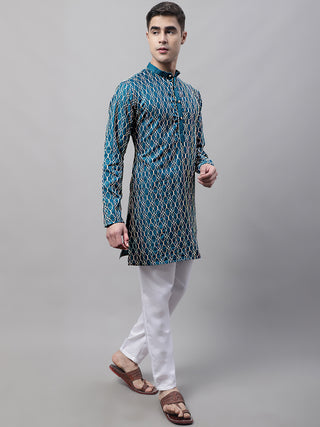 Men's Teal Blue and Multi Coloured Embroidered Straight Kurta Pyjama Set