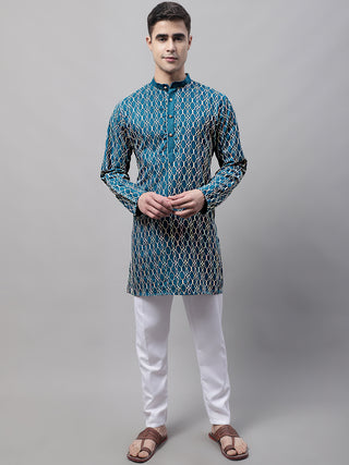 Men's Teal Blue and Multi Coloured Embroidered Straight Kurta Pyjama Set