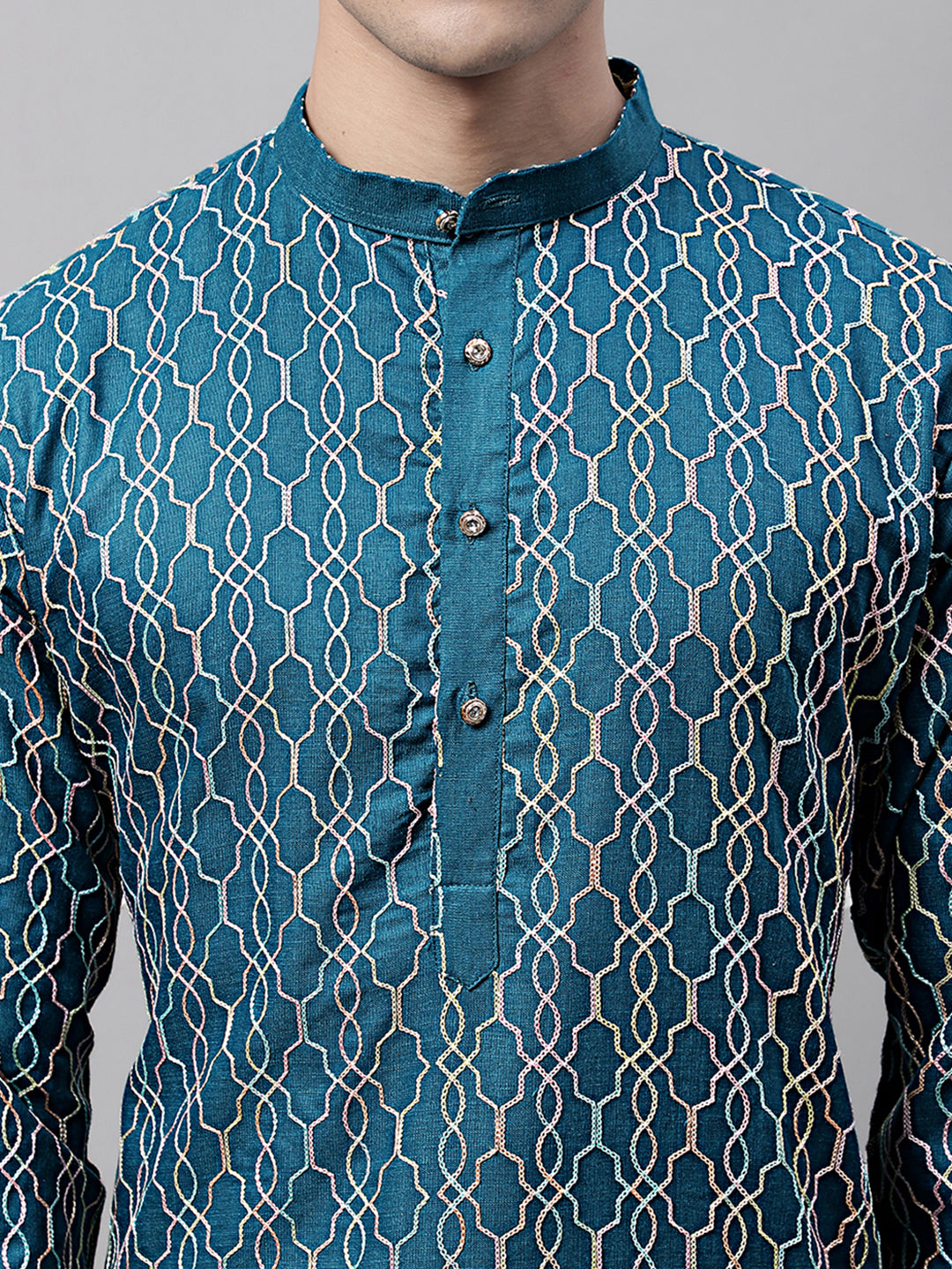 Men's Teal Blue and Multi Coloured Embroidered Straight Kurta Pyjama Set