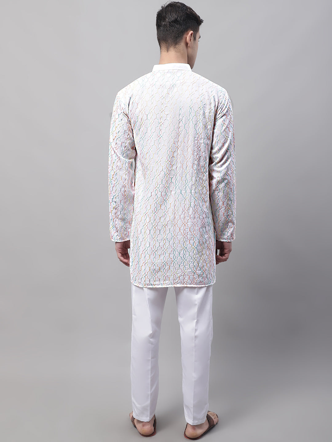 Men's White and Multi Coloured Embroidered Straight Kurta Pyjama Set