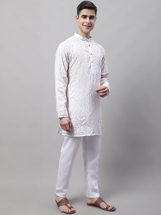 Men's White and Multi Coloured Embroidered Straight Kurta Pyjama Set