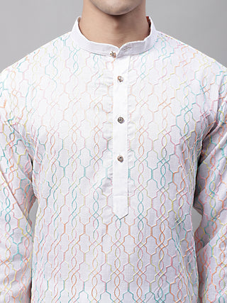 Men's White and Multi Coloured Embroidered Straight Kurta Pyjama Set