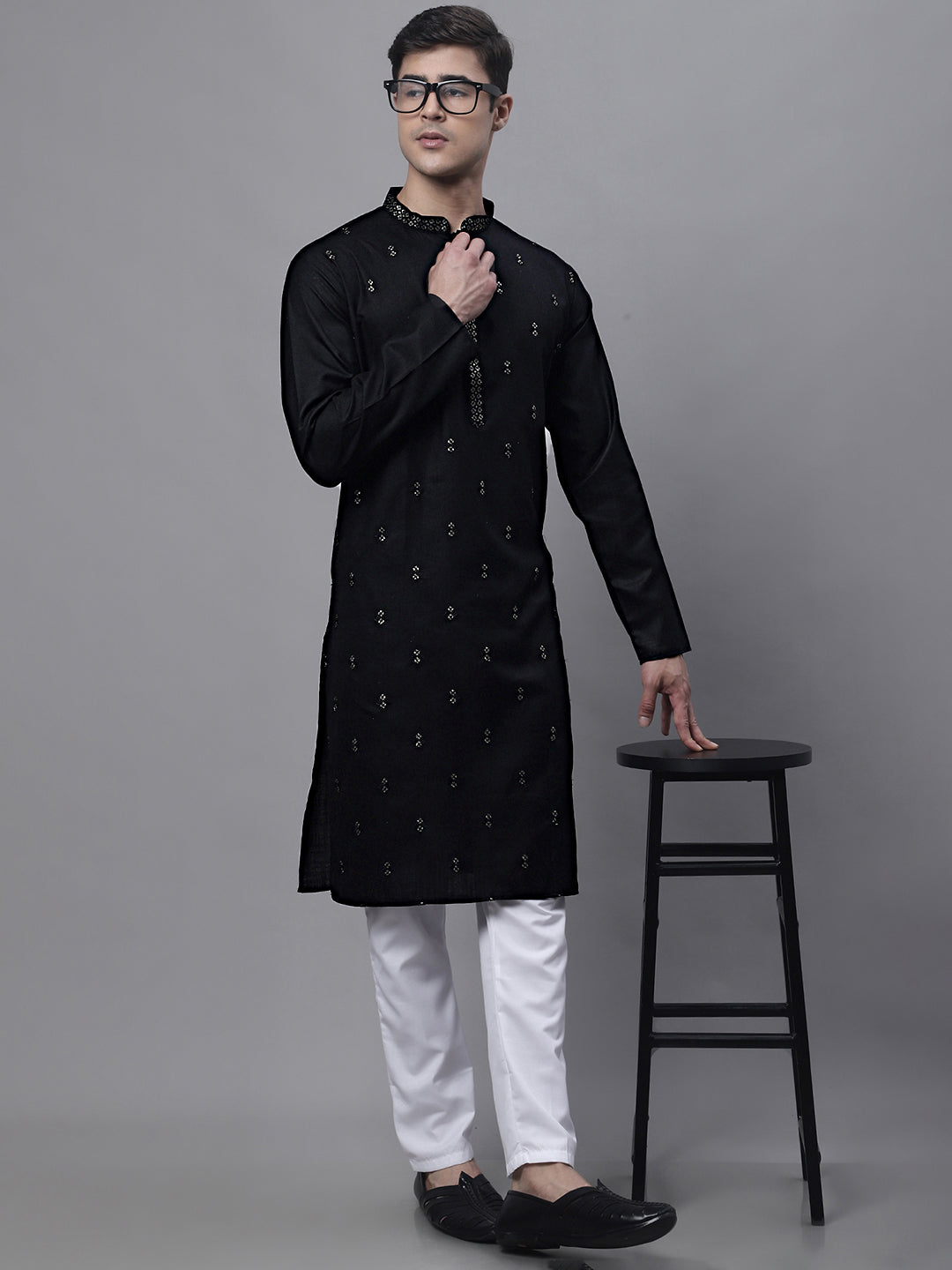 Men's Black Embroidered Straight Kurta Pyjama Set