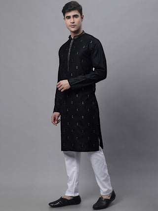 Men's Black Embroidered Straight Kurta Pyjama Set