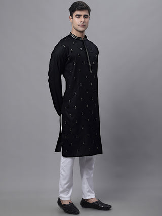 Men's Black Embroidered Straight Kurta Pyjama Set