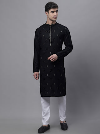 Men's Black Embroidered Straight Kurta Pyjama Set