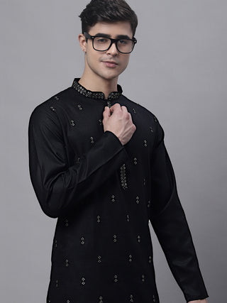 Men's Black Embroidered Straight Kurta Pyjama Set