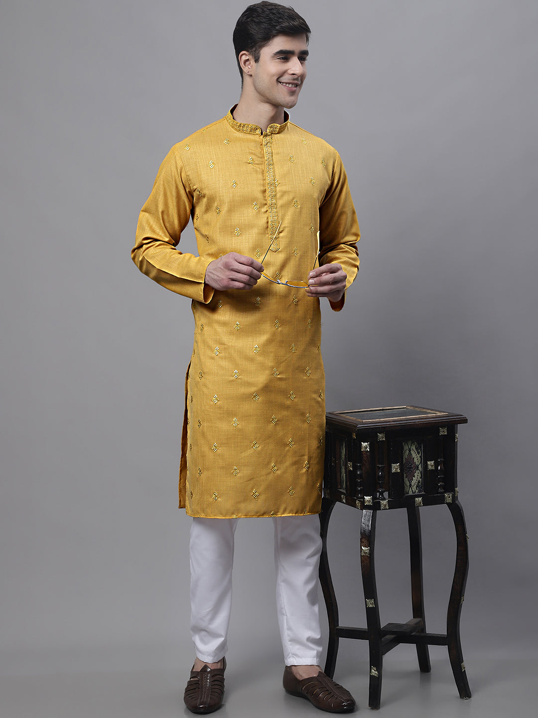 Men's Mustard Embroidered Straight Kurta Pyjama Set