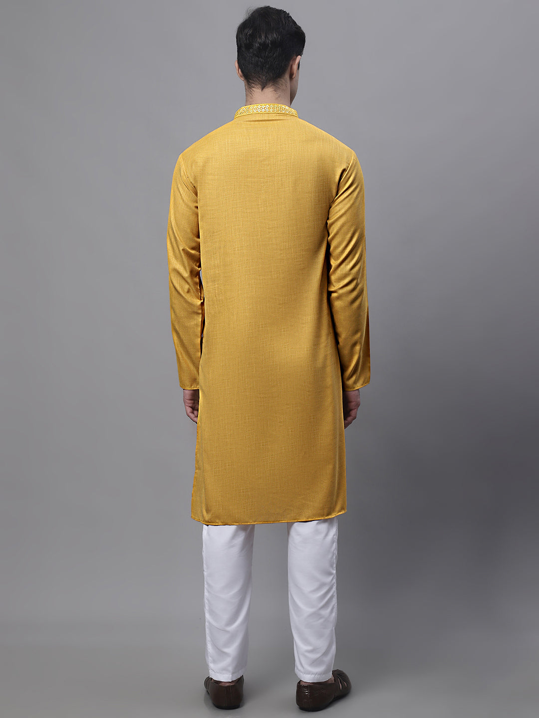 Men's Mustard Embroidered Straight Kurta Pyjama Set