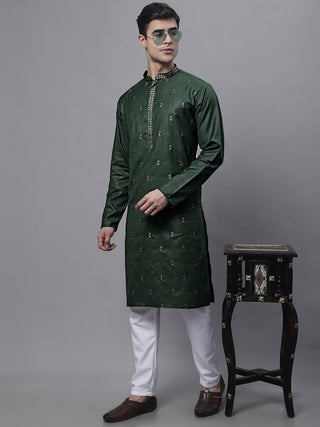 Men's Olive Green Embroidered Straight Kurta Pyjama Set