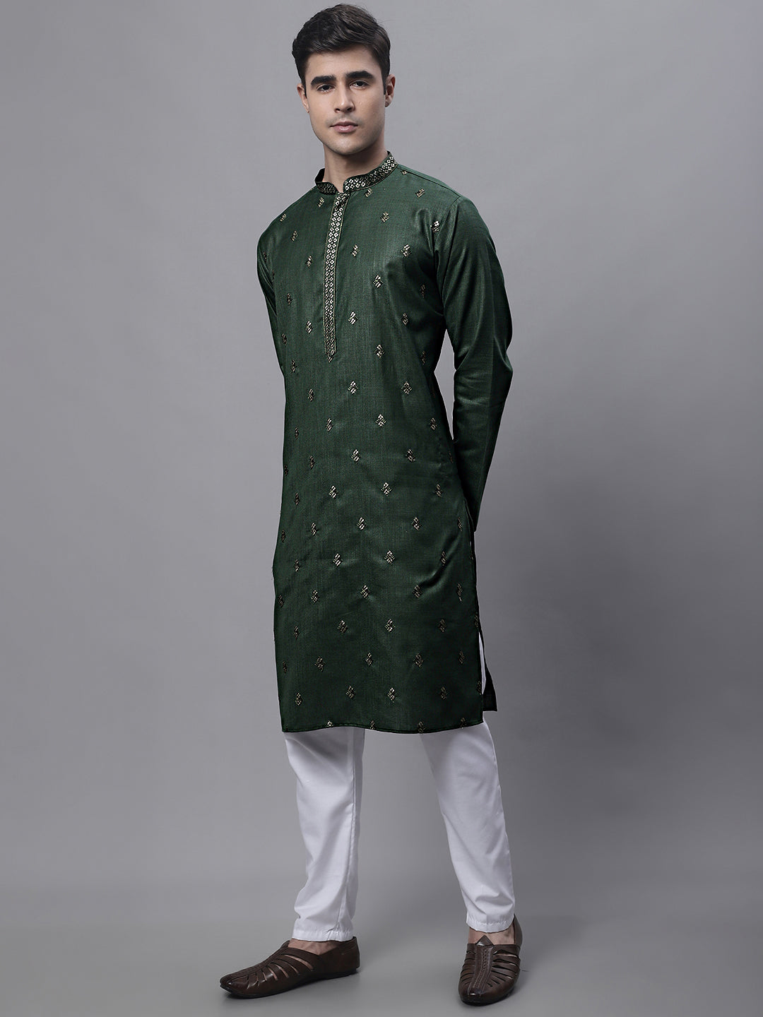 Men's Olive Green Embroidered Straight Kurta Pyjama Set