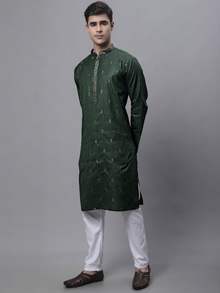 Men's Olive Green Embroidered Straight Kurta Pyjama Set