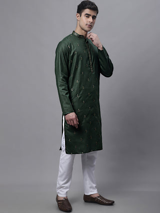 Men's Olive Green Embroidered Straight Kurta Pyjama Set