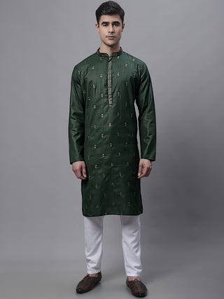 Men's Olive Green Embroidered Straight Kurta Pyjama Set