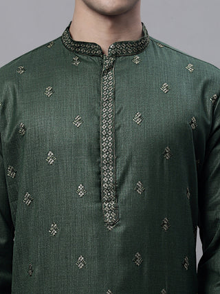 Men's Olive Green Embroidered Straight Kurta Pyjama Set